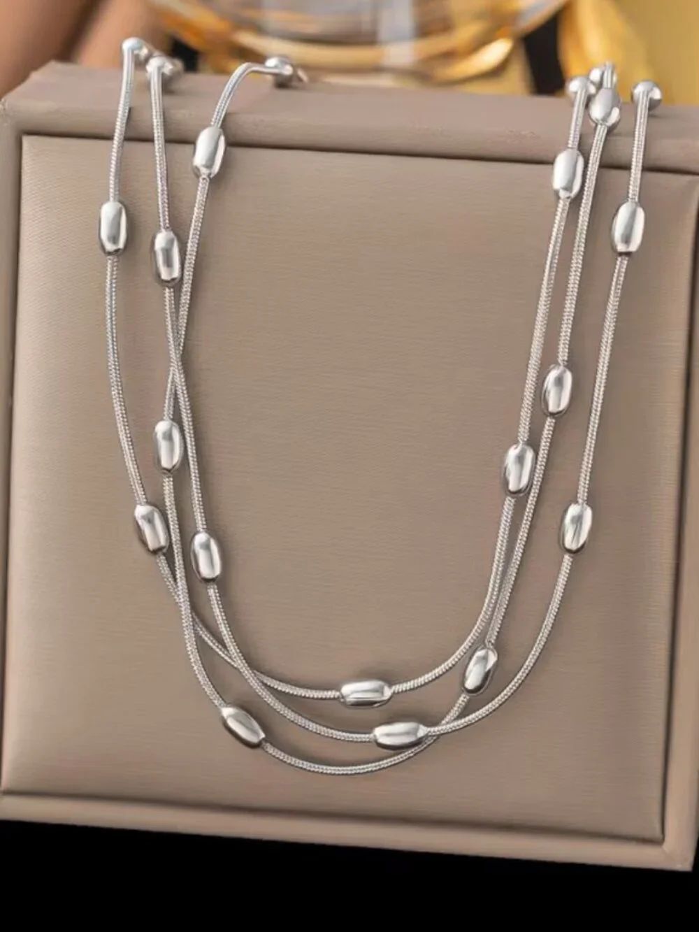 NWT 18K White Gold Plated Long Wrap Beaded Snake Chain Necklace Stainless Steel